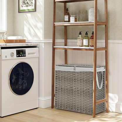 DUMOS Wicker Laundry Basket with Lid, 110L Woven Laundry Hamper with Handles, Foldable Rattan Clothes Hamper with Removable Liner & Sturdy Steel Frame, Dove Gray