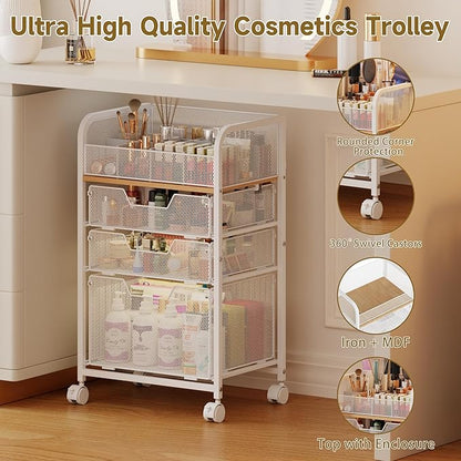 Jakyitvi Makeup Cart Organizer with 3 Drawers, Under Desk Storage Drawers,Floor Skincare & Makeup Organizer, Vanity Storage for Cosmetics, Nail Polish, Perfume, Makeup Brushes, Hair Tools, White