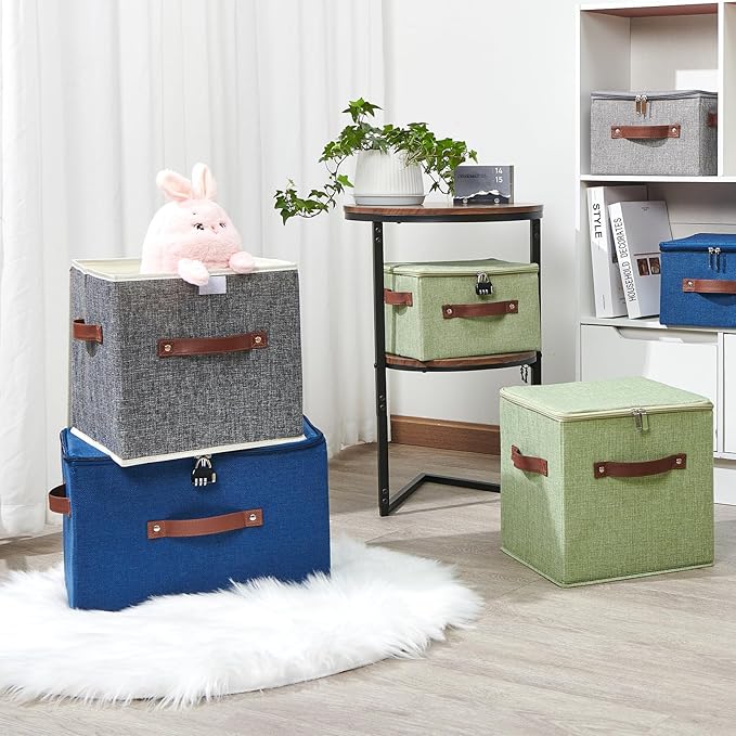 4PCS Storage Cubes with Lid Fabric Storage Bins Boxes PU Leather Handles Cotton Linen Closet Organizer Container Decorative Foldable Washable Shelf Cloth Basket (Zipper Lid, Green, 11in)