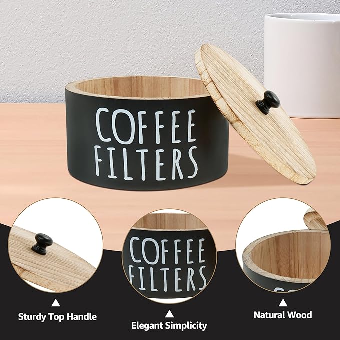Coffee Filter Holder - Wooden Coffee Storage Container with Lid, Multipurpose Filter Dispenser, Sturdy Coffee Pod Organizer for Bar Counter Decor (Black)