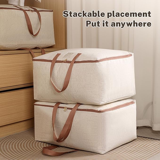 50L Storage Bag for Clothes, Comforters, Blankets, Bedding, Pillows, Stuffed Toys, Jackets with Sturdy Handles, Clear Label Tag, Zippered, for use at Home, Travel or Move, 20x15x10 (Beige, Medium)