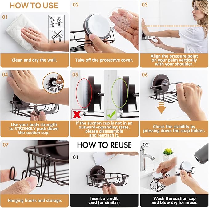 LEVERLOC Soap Holder Dish with Hooks for Shower, Bar Suction Cup Soap Tray Wall Mounted, Rustproof Stainless Steel Sponge Holder Caddy for Bathroom Bathtub Kitchen Sink, Brown