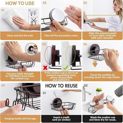LEVERLOC Soap Holder Dish with Hooks for Shower, Bar Suction Cup Soap Tray Wall Mounted, Rustproof Stainless Steel Sponge Holder Caddy for Bathroom Bathtub Kitchen Sink, Brown
