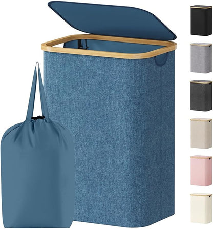 Lifewit 80L Laundry Basket with Lid, Clothes Hampers for Laundry with Bamboo Handles and 1 Removable Bag, Large Foldable Laundry Hamper for Bedroom, Bathroom, Dorm, Laundry Room, Dark Blue