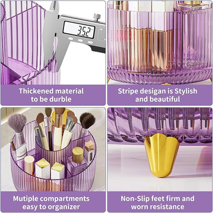 Clear Rotating Makeup Organizer Countertop for Vanity, 360° Makeup Brush Holder Organizer with 5 Compartments, Transparent Cosmetic Storage for Lipstick, Skincare, Bathroom Counter(Transparent Purple)
