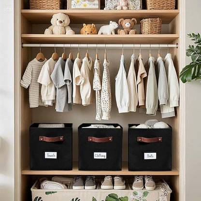 DECOMOMO Storage Bins, Cube Storage Bin with Labels, Fabric Storage Cubes for Shelves (10.5" x 11" / 6pcs, Black)