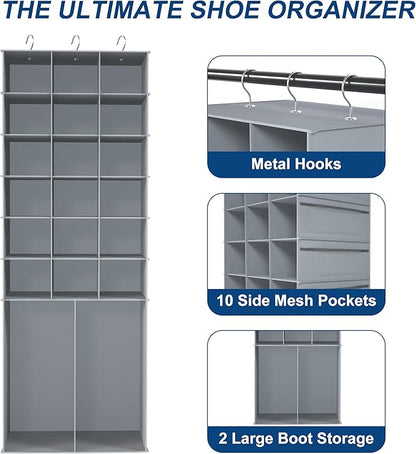 Hanging Shoe Rack for Closet,18+2 Sections Hanging Shoe Closet Organizers and Storage with 10 Side Mesh Pockets,Space-Saving Shoe Storage & Holder,Grey