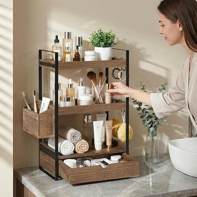 3-Tier Bathroom Counter Organizer with Drawer Basket and Hooks, Wood Bathroom Organizers and Storage for Countertop, Farmhouse Dark Brown Countertop Organizer, Counter Shelf for Vanity, Kitchen,Office