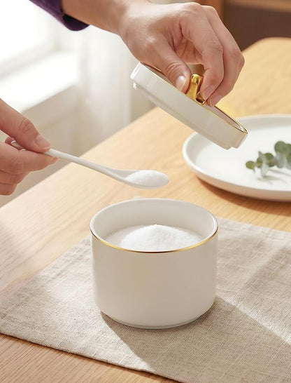 NiHome Seasoning Jar Set with Spoon and Lid, Ceramic Spice Container for Salt Pepper Sugar and Herbs, Nonstick Interior, Stable Anti-Slip Bottom, Countertop Storage for Kitchen or Tabletop