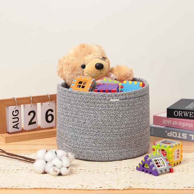 MiniArk Small Basket for Organizing | Cube Shelf Closet Storage Baskets | 9.7×9.7×7.1” | Woven Rope Gift Basket | Nursery | Round 3 Packs Mixed Grey