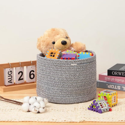 MiniArk Small Basket for Organizing | Cube Shelf Closet Storage Baskets | 9.7×9.7×7.1” | Woven Rope Gift Basket | Nursery | Round 3 Packs Mixed Grey