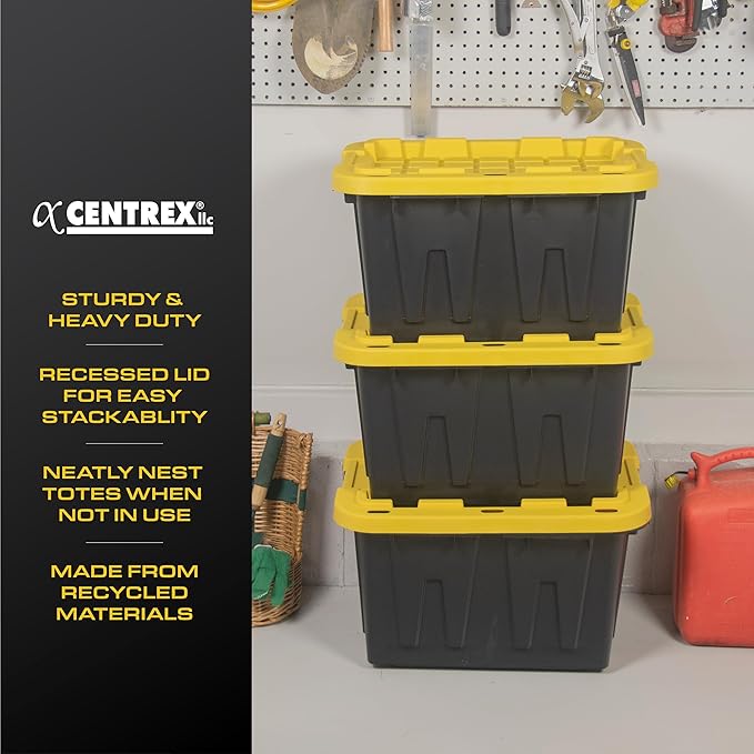 CX BLACK & YELLOW 12-Gallon Heavy Duty Storage Bins with Lids, Stackable Plastic Storage Bins with Weather-Resistant Design, Home Organization, 6 Pack (12.51H x 16.3W x 21.8D)
