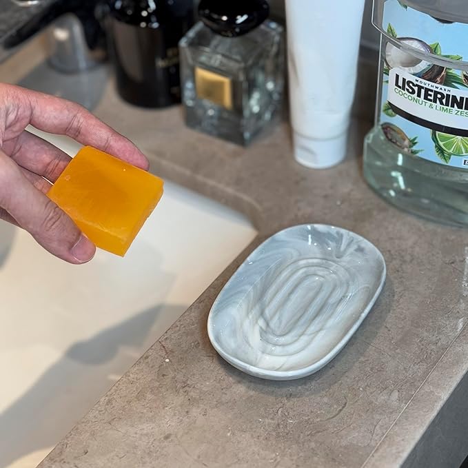 Ceramic Marble Pattern Soap Dish, Textured Raised Soap Saver Tray for Shower Bathroom Kitchen Sink Vanity, Easy to Clean Multi-Use Holder for Bar Soap Jewelry Rings Keys, Grey (1 Pack)