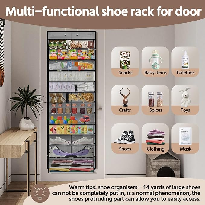 PAULONE 12 Pocket Over the Door Shoe Organizer,Reusable Breathable Large Mesh Bag Men's & Women's Sneaker Organizer,Shoe Organizer for Kids,Hanging Shoe Storage Hanging Bag (Grey)
