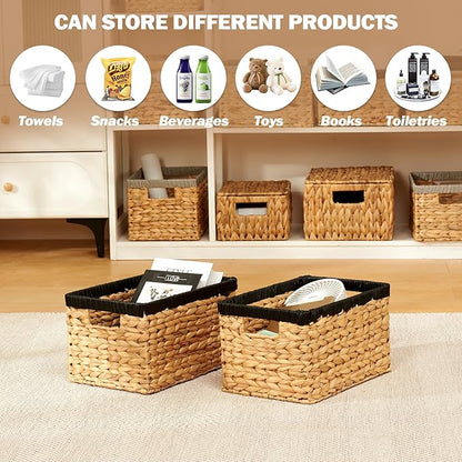 Edergoo Wicker Storage Basket 2 Pack, Water Hyacinth Storage Baskets with Built-in Handles, Large Wicker Baskets for Storage & Organizing, Natural with Black