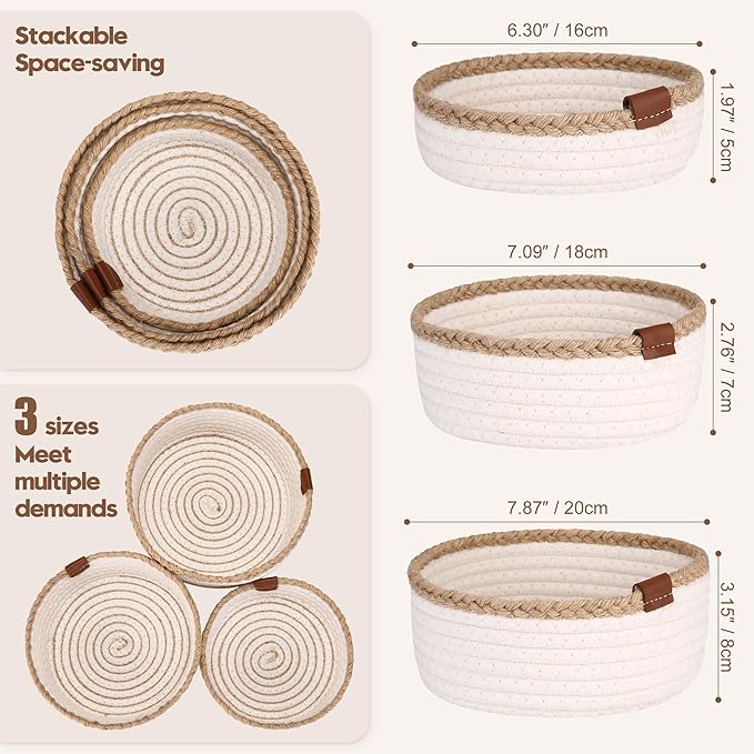 Sea Team 3-Pack Small Cotton Rope Storage Basket Set - Portable Round Organizers with Jute Braid for Small Items, Keys, Makeup & Trinkets