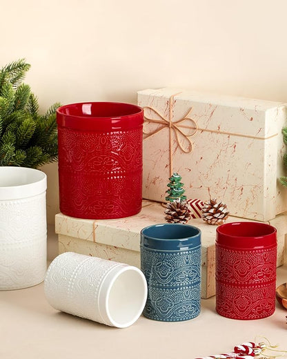 FUN ELEMENTS Kitchen Utensil Holder, 7.2+5.5" Super Large Utensil Crock Heavy and Stable Lace Emboss Ceramic Utensil Holder for Kitchen Counter (2Pcs Christmas Red)