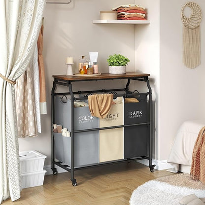 Hoctieon 3 Section Laundry Sorter Cart with Ironing Board, Laundry Hamper Basket with Shelf and Wheels, Heavy Duty Clothes Organizer, Large Clothes Separator with Removable Bags, Black+Gray+Beige
