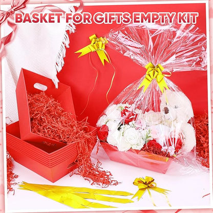 5 Pack Baskets For Gifts Empty, 10x12” Red Gift Basket Kit with Clear Bags Gold Bows 200g Crinkle Cut Paper Empty Gift Baskets to Fill Large Gift Baskets for Christmas, Birthdays, Holidays, Weddings