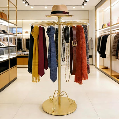 Gold 360°Rotating Scarf Display Tie Rack Belt Hanger Shawl Hijab Stand, Boutique Retail Display Stand Home Organizer Holder for Commercial Clothing Store, Bedroom(49.2in, 30 Hanging Rods)