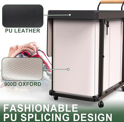 230L (60 Gal) Extra Large Fashion Laundry Sorter 3 Section with Lid, Rolling Laundry Basket Hamper with Handle, Laundry Organizer Storage Cart with Sturdy Metal Frame for Laundry Room, Hotel, White