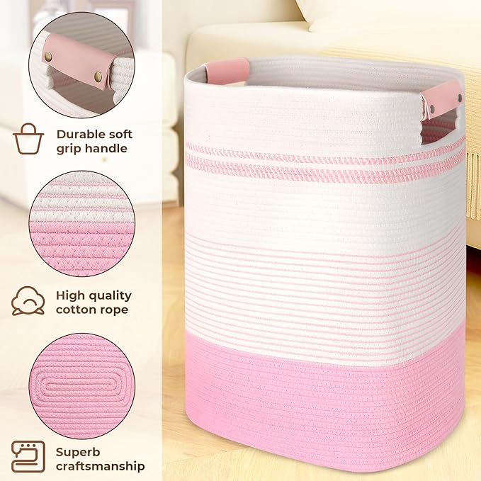 AINUOQI Laundry Basket with Handles - Blanket Basket & Hampers for Bedroom Aesthetic, Laundry Hamper & Blanket Storage for Living Room, Clothes Hamper, Tall, Large 17" x 14" x 22”, Pink & White