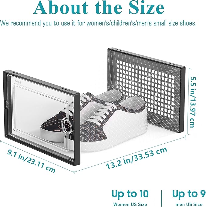 Kuject Large Shoe Organizers Storage Boxes for Closet, 12 Pack Clear Plastic Stackable Storage Bins with Lids, Under Bed Shoe Containers for Entryway, Drop Front, Fit up to Women's Size 10,Black