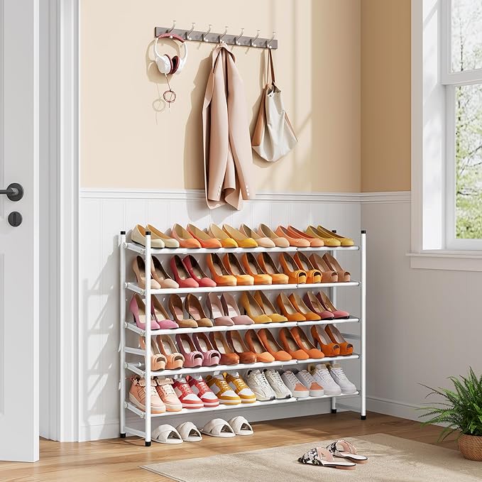 Tajsoon Expandable Shoe Rack for Closet 5 Tier, 29“-41“Adjustable & Stackable Shoe Shelf Storage, Metal Shoe Rack Organizer for Front Door Entrance, Closet, Garage, Entryway, White
