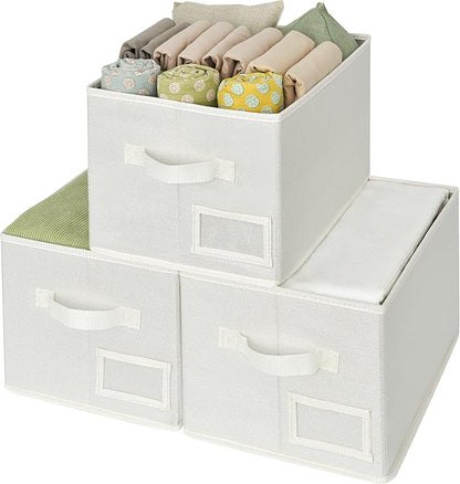 GRANNY SAYS Closet Organizer Bins with Label Holder, Fabric Storage Baskets, Foldable Storage Bins for Living Room, Decorative Storage Containers Organizing, Pearl White, Medium, 3-Pack