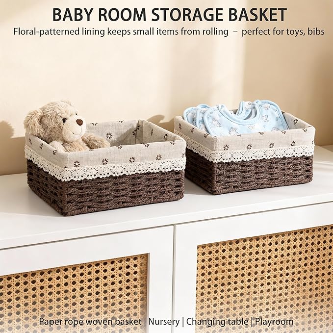 Woven Paper Rope Storage Basket Set with Handles & Liners,Set of 3- Cube Organizers Basket for Drawers, Shelves & Closets, Decorative Home Storage