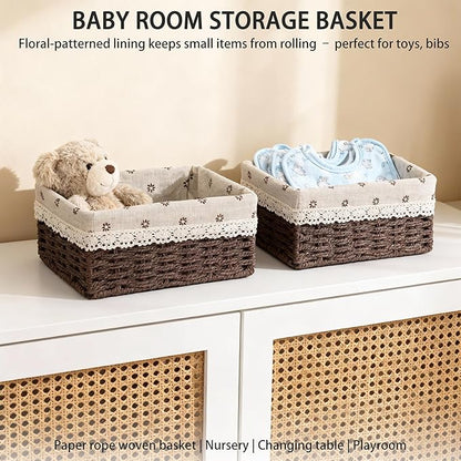 Woven Paper Rope Storage Basket Set with Handles & Liners,Set of 3- Cube Organizers Basket for Drawers, Shelves & Closets, Decorative Home Storage