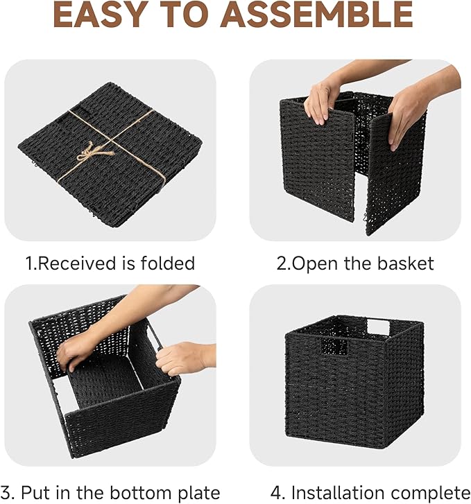 StorageWorks 13 inch Wicker Storage Baskets, Handwoven Wicker Basket for Organizing, Foldable Square Storage Cubes, Black, Paper Rope, 2 Pack
