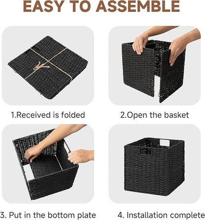 StorageWorks 13 inch Wicker Storage Baskets, Handwoven Wicker Basket for Organizing, Foldable Square Storage Cubes, Black, Paper Rope, 2 Pack
