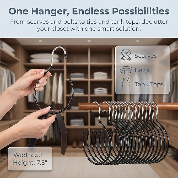 Cedilis 15 Pack Scarf Ring Hangers, Non-Snag Belt Hanger for Closet, Non-Slip Closet Organizer Accessory Holders for Ties Scarves Belts Tank Tops Pashminas, Black