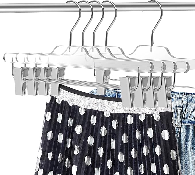 Quality Lucite Acrylic Clear Skirt Pants Trousers Bottom Hangers with Adjustable Chrome Metal Clips, Made of Clear Acrylic for a Luxurious Look and Feel with Swivel Hook (Clear - Pant/Skirt, 5)