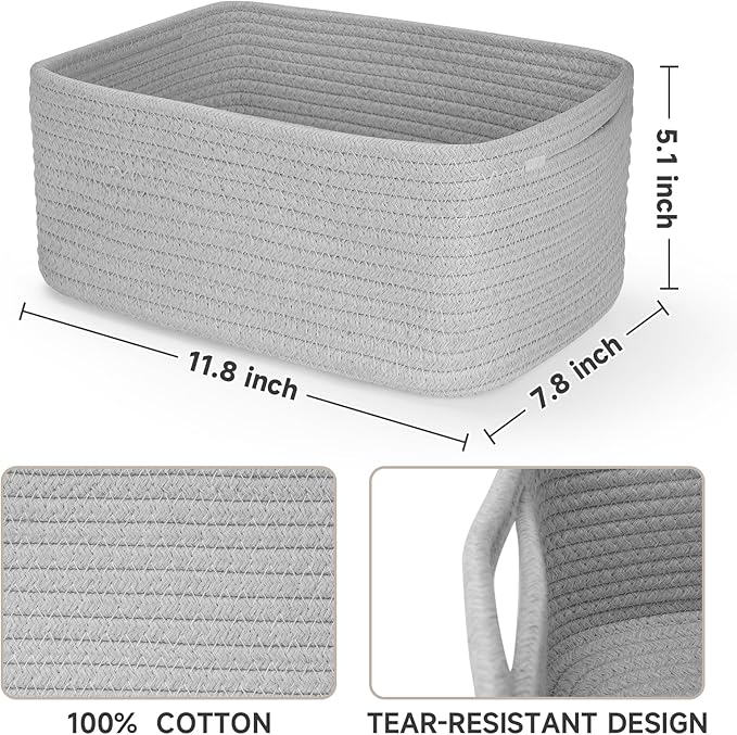 3-Pcs Shelf Baskets for Organizing, Closet Organizer Bins, Small Woven Baskets, Rope Toy Basket, Storage Basket for Shelves, Cube Decorative Box, 11.8×7.8×5.1”, Grey