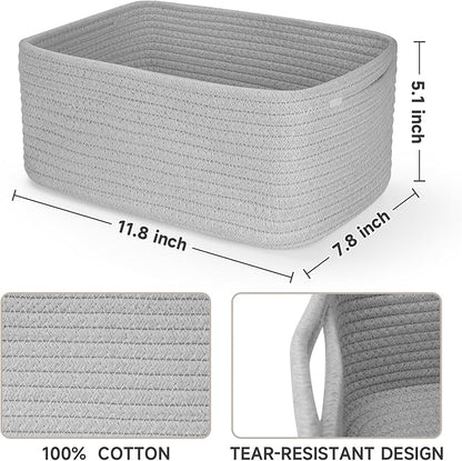 3-Pcs Shelf Baskets for Organizing, Closet Organizer Bins, Small Woven Baskets, Rope Toy Basket, Storage Basket for Shelves, Cube Decorative Box, 11.8×7.8×5.1”, Grey