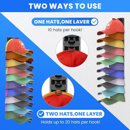Vrurc Hat Organizer for Baseball Caps, 2 Pack Wall Mounted Rack with Strong Adhesive, Multilayer Storage Holds 40 Hats for Closet Door, Bedroom & Entryway, Space-Saving Display Holder (Black)