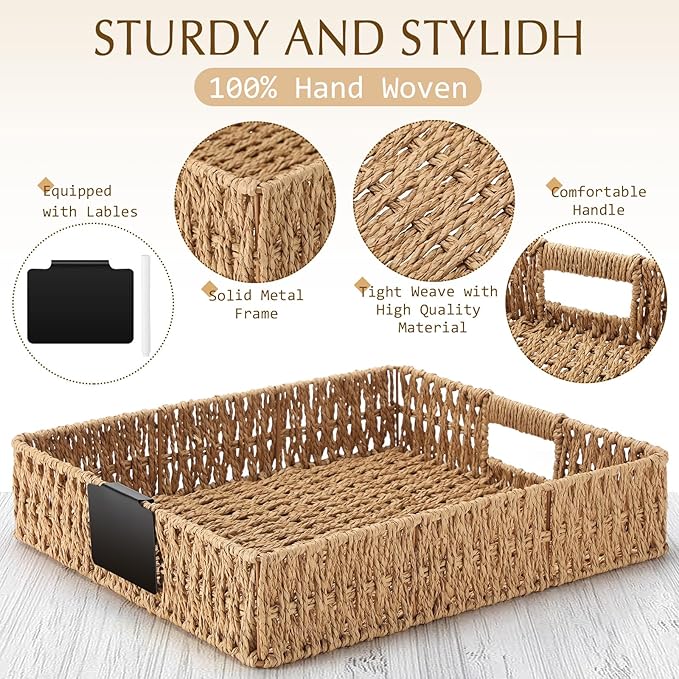 Marsui 9 Pcs Paper Rope Storage Baskets with Handle Labels Handwoven Multi-size Primary Color Storage Bins for Organizing Small Baskets Container for Shelves Closet Pantry Toilet