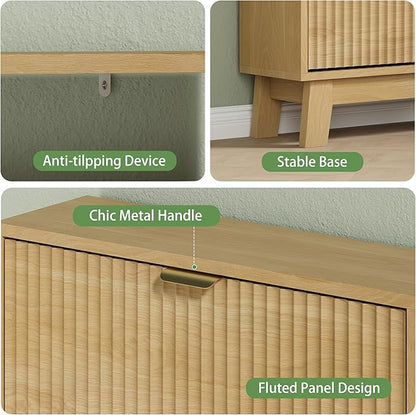 Xixini Shoe Cabinet with 2 Flip Drawers, 37" Tall Narrow Fluted Shoe Storage Organizer for Entryway, Hidden Slim Wooden Shoe Rack Cabinet for Front Door Entrance, Hallway, Living Room, Natural Oak
