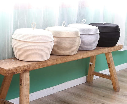Sea Team Round Cotton Rope Storage Basket with Lid, Decorative Woven Storage Bin, Pot, Caddy, Organizer, Container for Snacks, Towels, Plants, 13 x 9 Inches (Large, Black)
