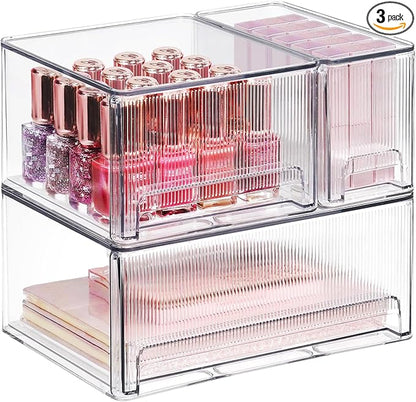 Clear Stackable Makeup Organizer, 3 Pack Plastic Drawer Storage with Handle for Vanity Bathroom Countertop, Transparent