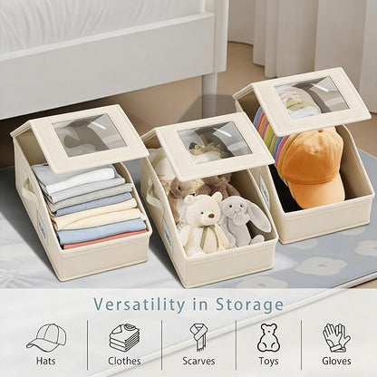 Stackable Hat Storage for Baseball Caps, 3 PCS Hat Storage Boxes for Closet, Holds up to 45 Caps with Cardboard, Hat Organizer for Women & Men (Two Clear Window) (Beige 3-Pack)