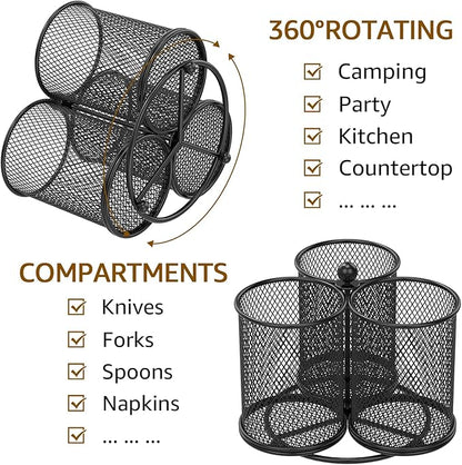 360° Rotating Metal Utensil Caddy, 3 Compartment Utensil Organizer Metal Flatware Caddy Kitchen Utensil Holder Practical Flatware Organizer Multifunctional Cutlery Storage Holder for Home (01)