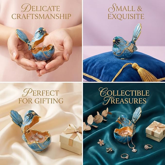 Blue Bird Trinket Box with Hinged Lid, Enamel Alloy Bird Figurines Jewelry Organizer, Hand Painted Bird Decor for Home Ring Holder Gift