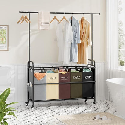 Tajsoon Laundry Sorter Cart with Hanging Rack, 5 Section Laundry Hamper, 246L (65 Gal.) Laundry Basket with Wheels, Removable Hamper Organizer for Dirty Clothes Bathroom Cloakroom, 5 Colors