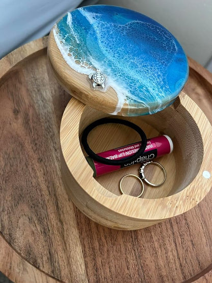 Ocean Resin Art Bamboo Salt Box, Salt Cellar, Bath Salt Container, Storage Box, Herb, Salt, Pepper, Sugar, Spices Storage Box with Magnetic Swivel Lid, Spoon and Turtle Charm