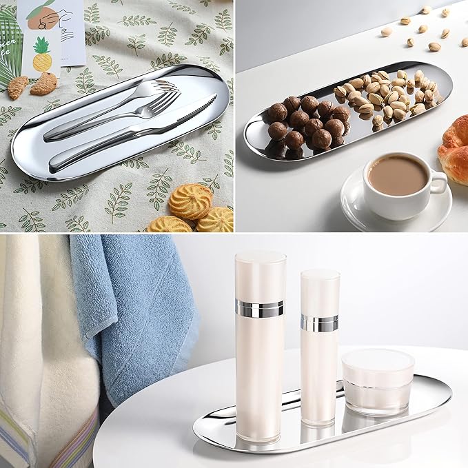 Silver Oval Vanity Tray, Stainless Steel Jewelry Tray, Bathroom Tray, Makeup Cosmetic Trays,Towel Napkin Tray,Storage Organizer,11.8 x 4.8 inches (L*W), Large