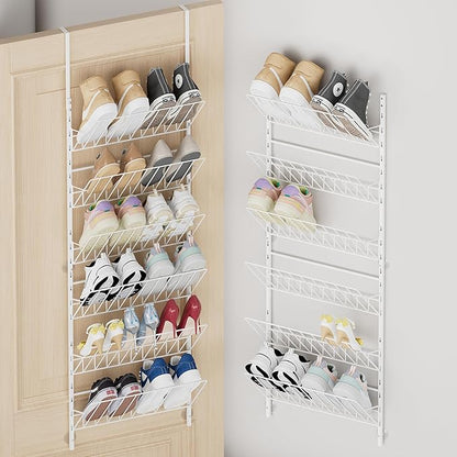 SWTYMIKI Over The Door Shoe Organizer - Adjustable 6 Tier Hanging Shoe Rack Organizer, Metal Heavy Duty Behind Door Storage or Wall Mount Shoes Shelf for Flats, Heels, Sneakers, Boots