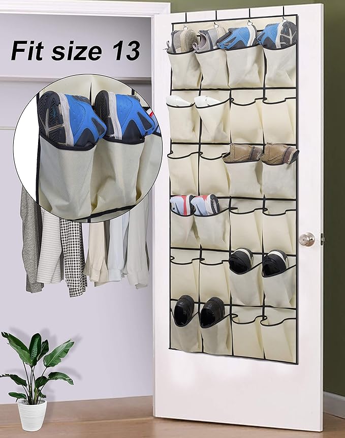MISSLO Over the Door Shoe Organizer 24 Large Fabric Pocket Closet Accessory Storage Hanging Shoe Hanger, Beige